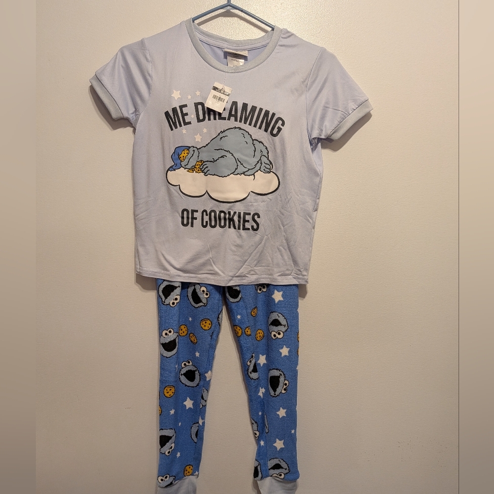 Kids Light Blue Cookie Monster Pajama Set - Short Sleeve Top & Pants